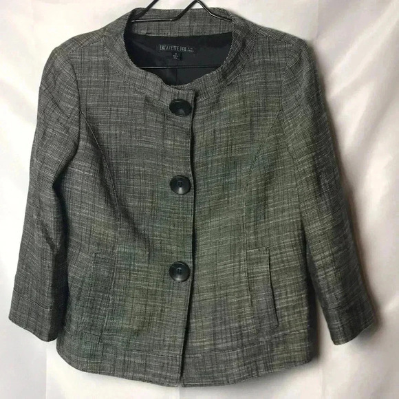 LAFAYETTE 148 WO SZ 4 SUIT JACKET BLACK SMALL PLAID HOOD SOLID CLEAN CONDITION - Picture 2 of 11